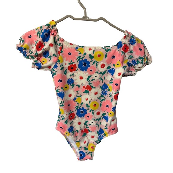 Mini Boden Logo Pink Floral Puffed Sleeve One Piece Swimsuit Girls Size 4-5 YS - Picture 1 of 7